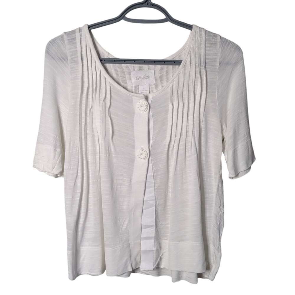 Deletta White Sleeved Pleated Button Modal Top Size Small